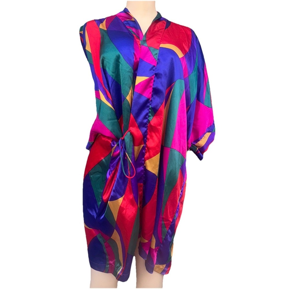 Vtg Beth Michaels Satin Abstract Kimono Robe OSFM Womens NO BELT Colorful